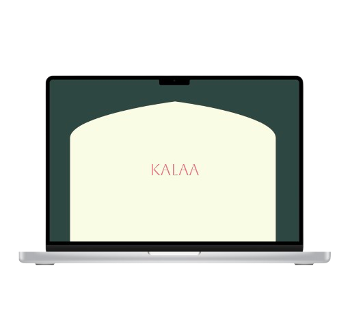 Kalaa desktop welcome screen showing the cream arch on dark green with the wordmark