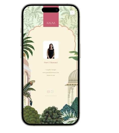 Kalaa mobile profile card with a floral Indian arch, a portrait, name and social icons