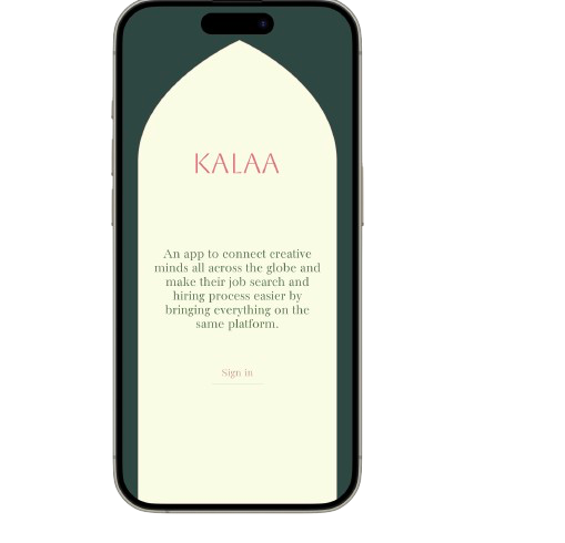 Kalaa mobile welcome screen with a cream arch on dark green, the tagline and a sign in link