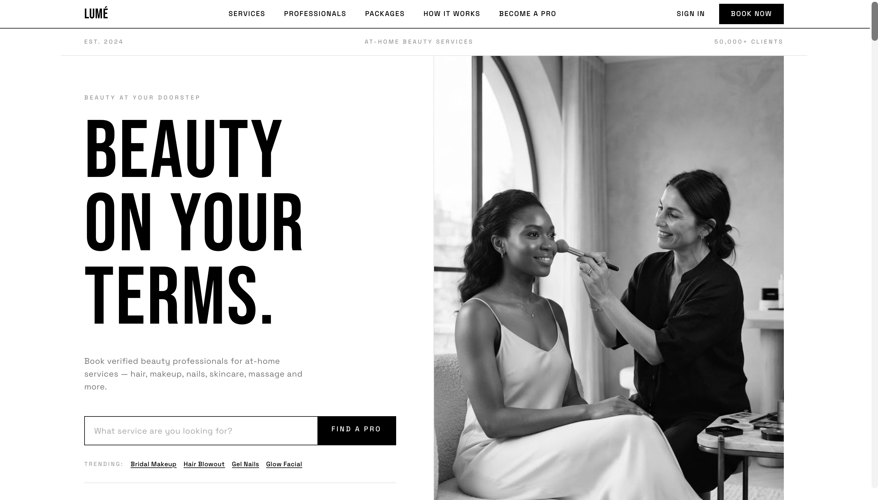 Lumé at-home salon services landing page
