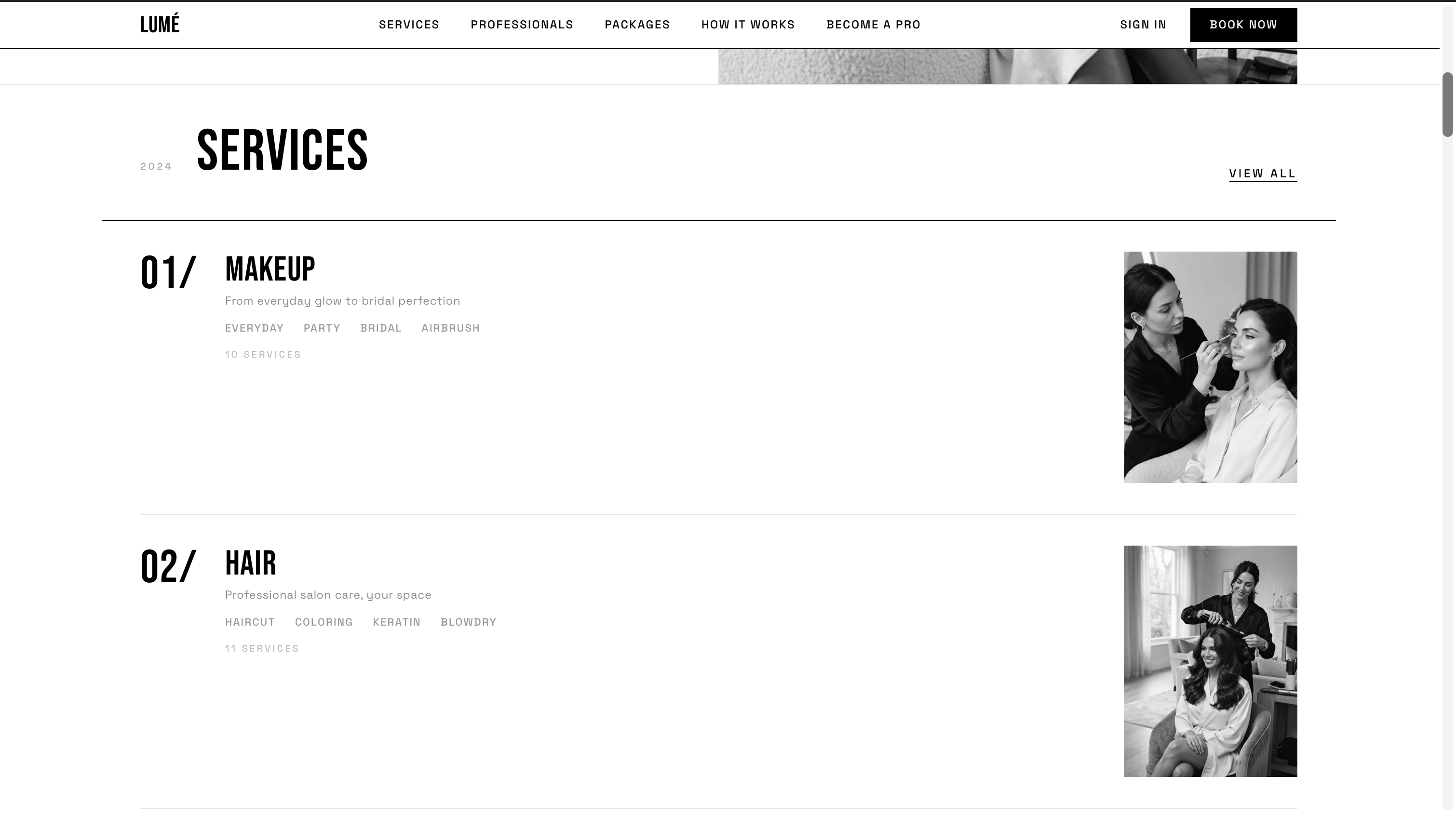 Lumé services index listing Makeup and Hair with sub-categories and photographs