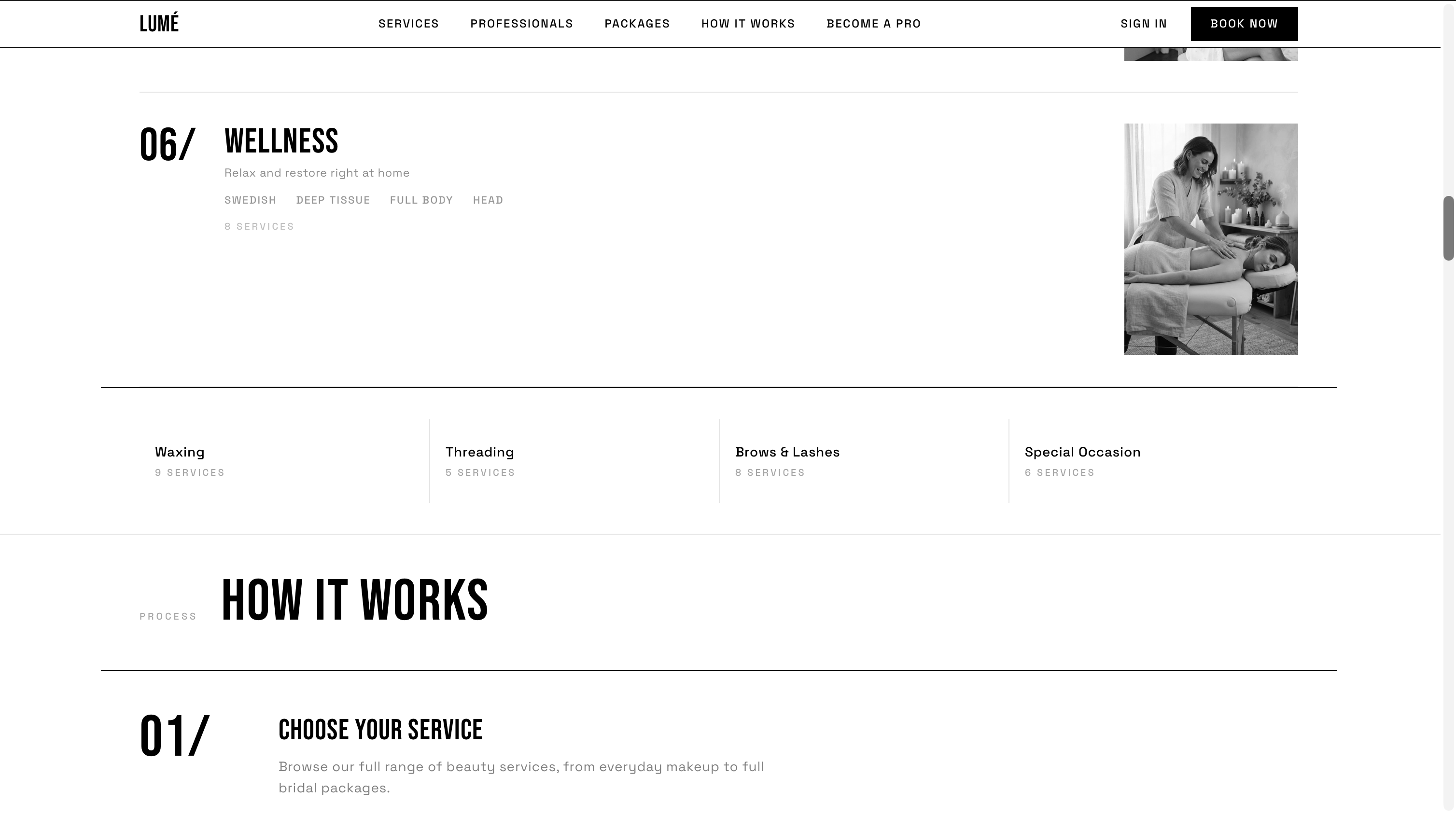 Lumé wellness service row followed by a grid of remaining categories and the start of How It Works