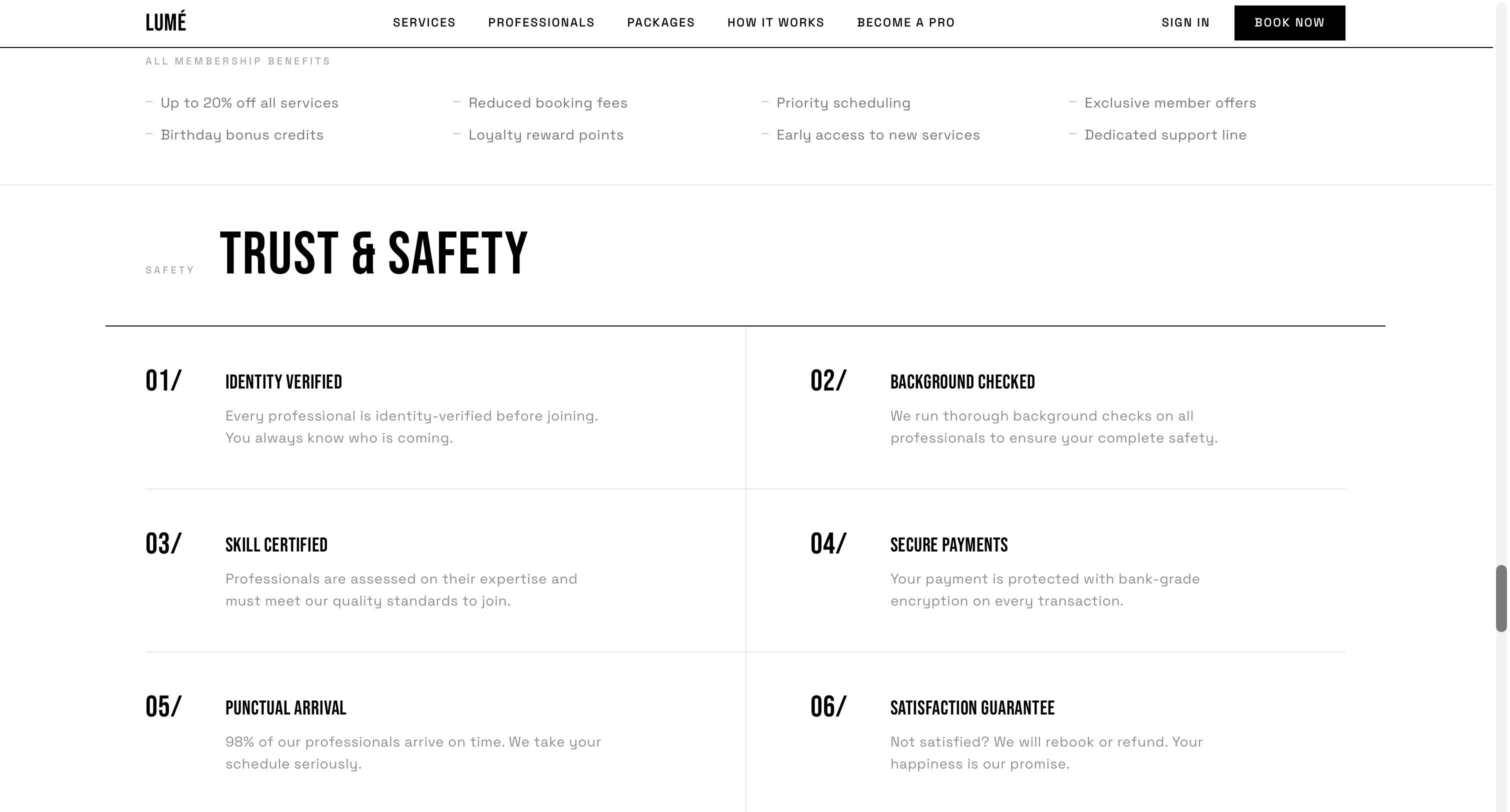 Lumé Trust and Safety section with six numbered guarantees
