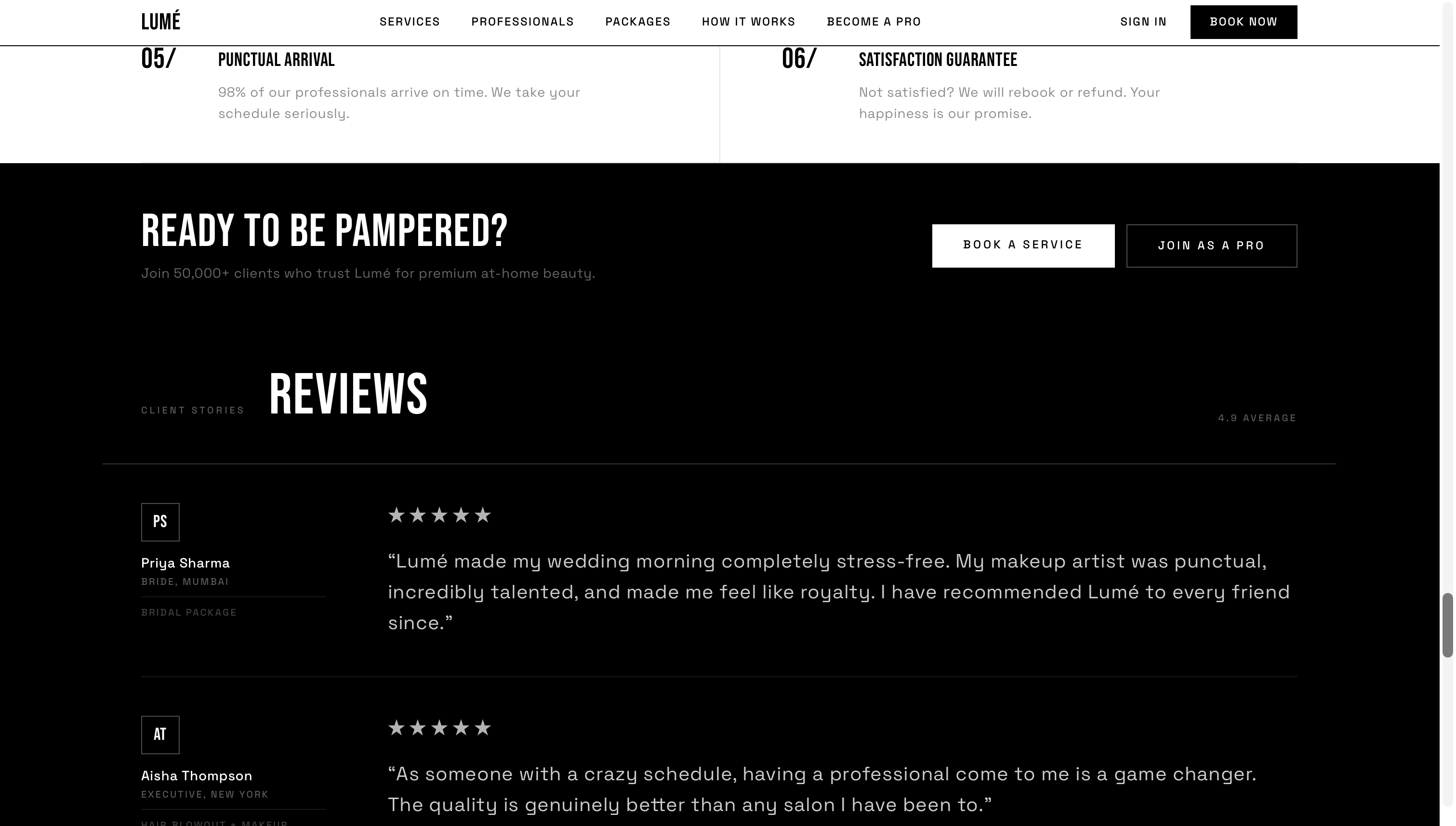 Lumé closing call to action and a dark Reviews section with client quotes