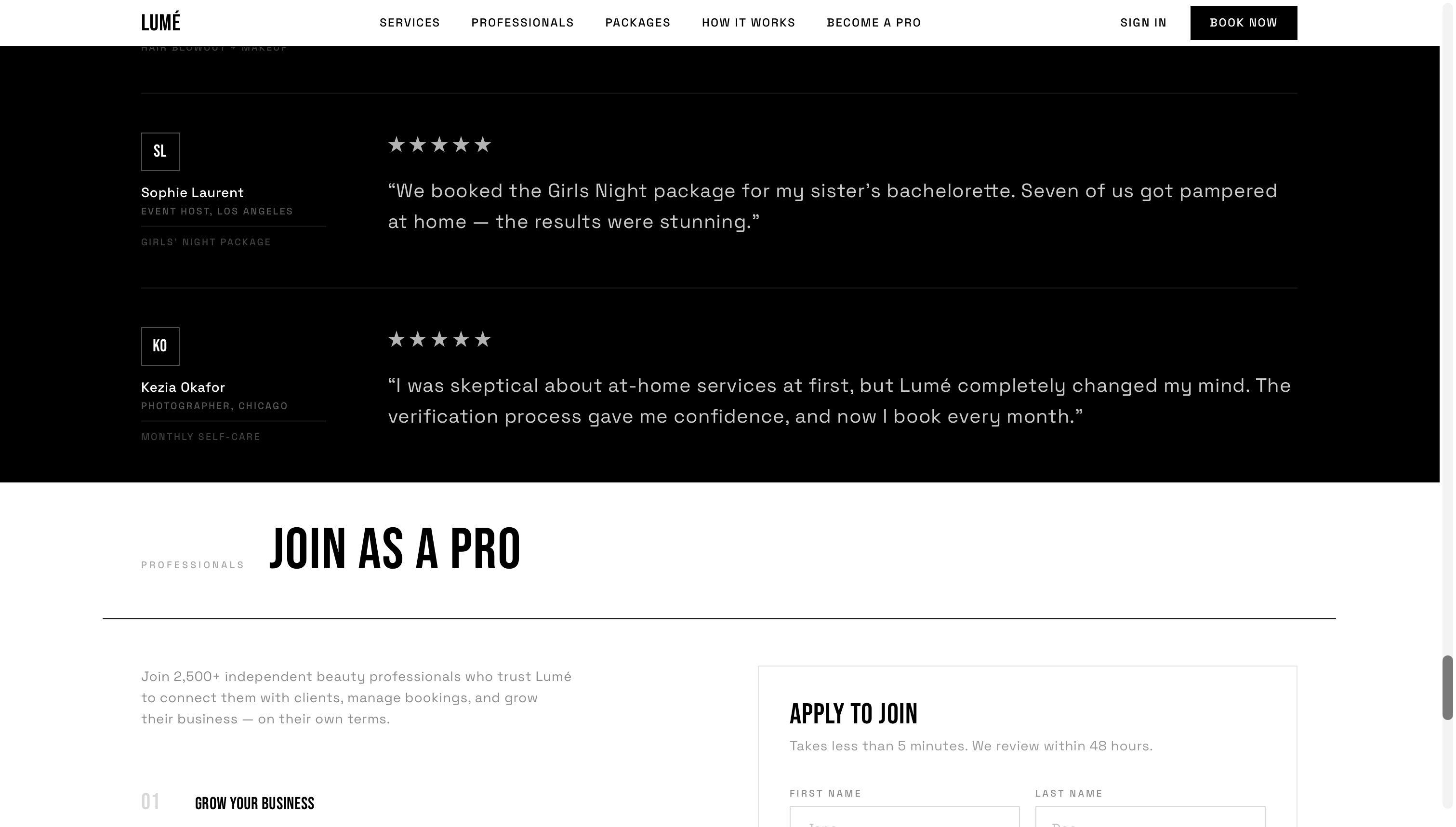 Lumé additional client reviews and the start of the Join as a Pro section