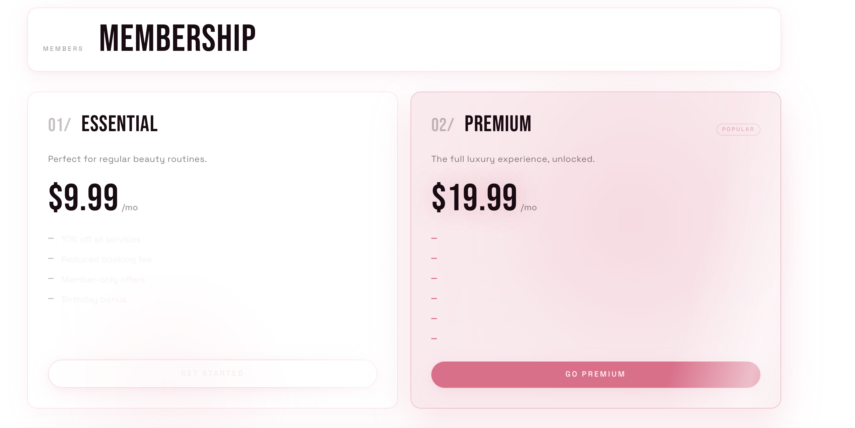 Rose-toned rounded membership cards for Essential and Premium plans