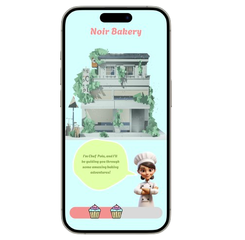 Noir Bakery screen with an illustrated bakery building, Chef Polo and a speech bubble introducing the game