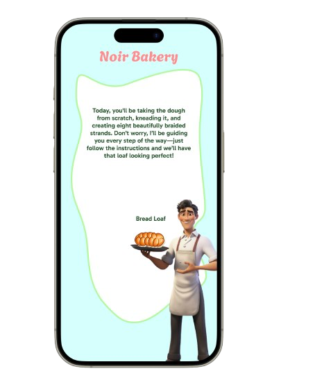 Noir Bakery Bread Loaf introduction with a chef holding a braided loaf and instructions in an organic speech shape