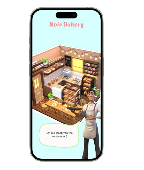 Noir Bakery isometric shop interior with a chef inviting the player to learn the recipe