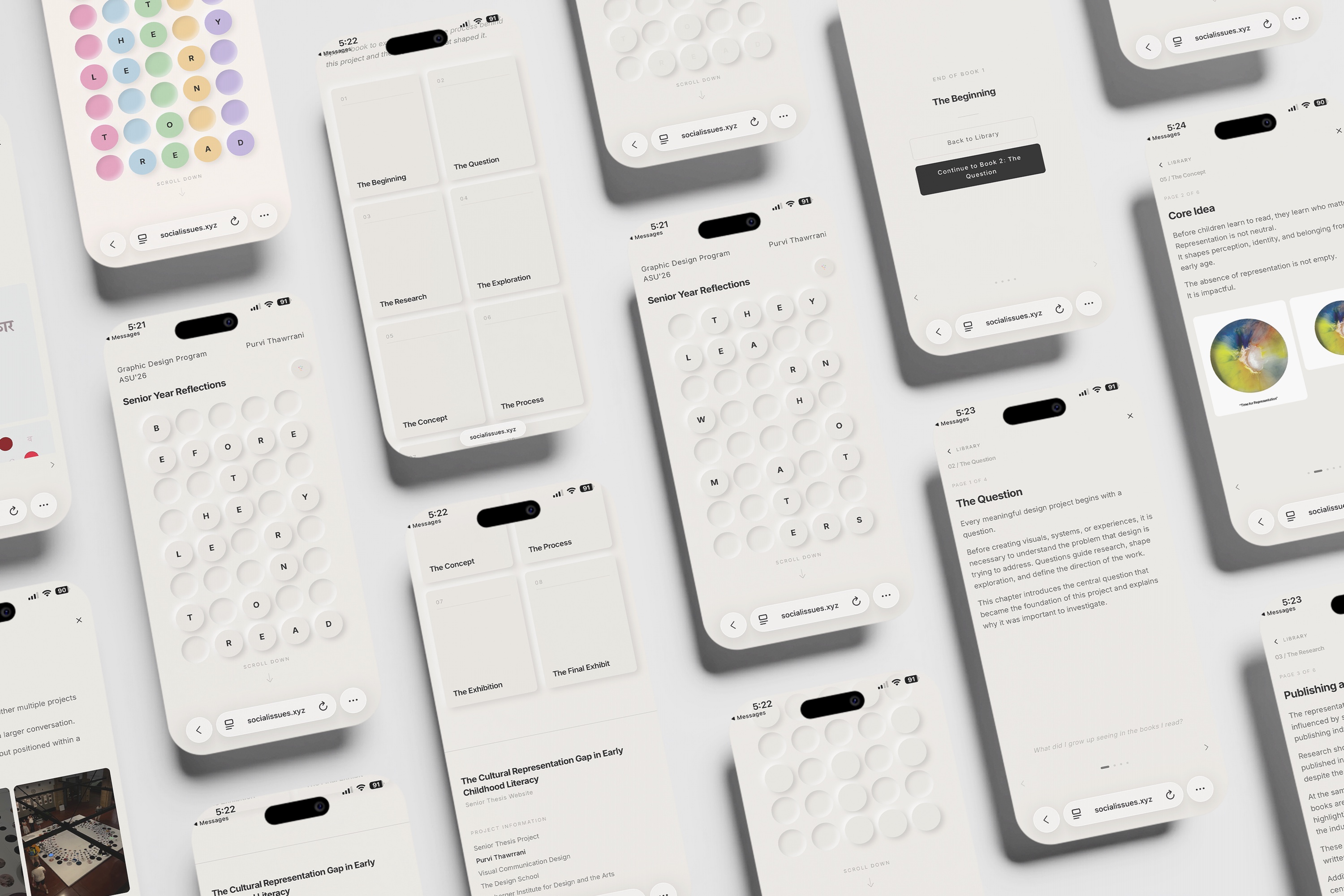 Collage of phone screens from socialissues.xyz showing the library of books, tactile letter buttons and chapter pages