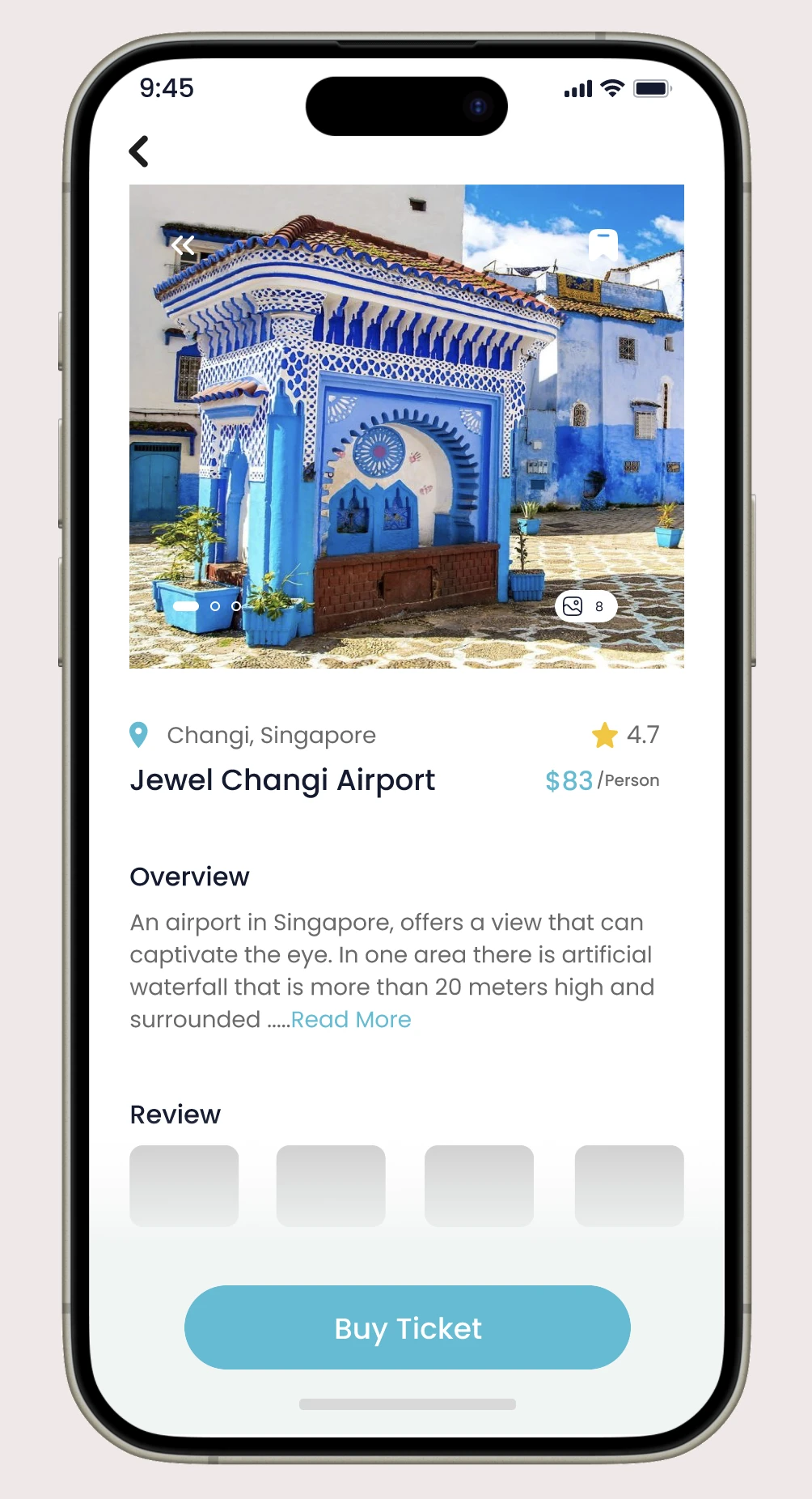 Vogue Travel destination page for Jewel Changi Airport showing a photo carousel, rating, price per person, overview text and a Buy Ticket button