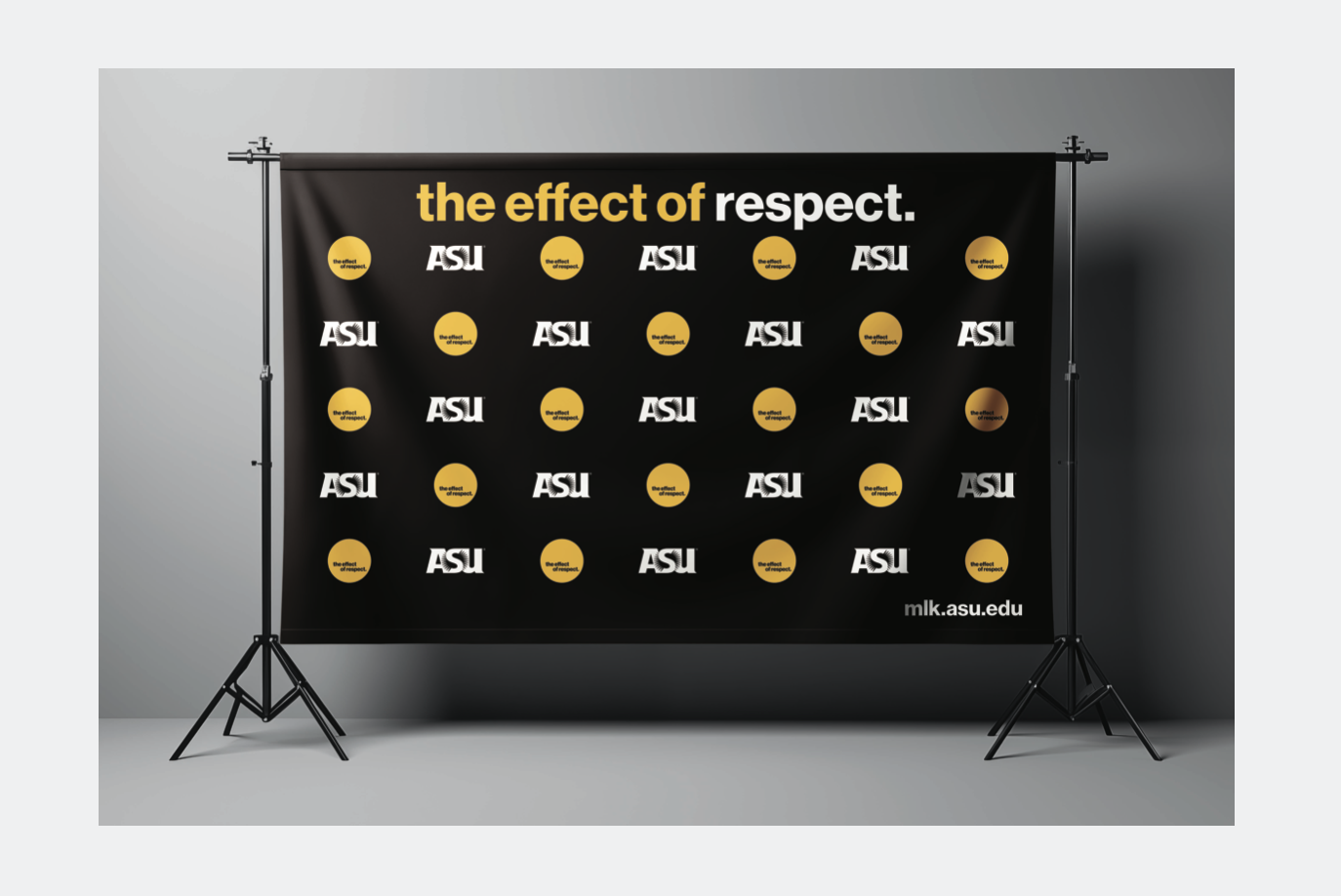 MLK 26 step and repeat backdrop with gold the effect of respect roundels and ASU logos on black
