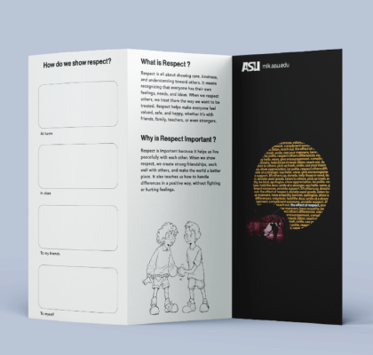 Tri-fold brochure, white inside with What is Respect and How do we show respect, black outside with the gold ring