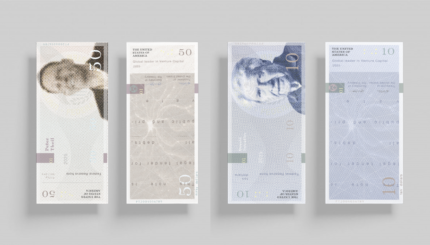 Redesigned $50 and $10 banknotes with halftone portraits, front and back