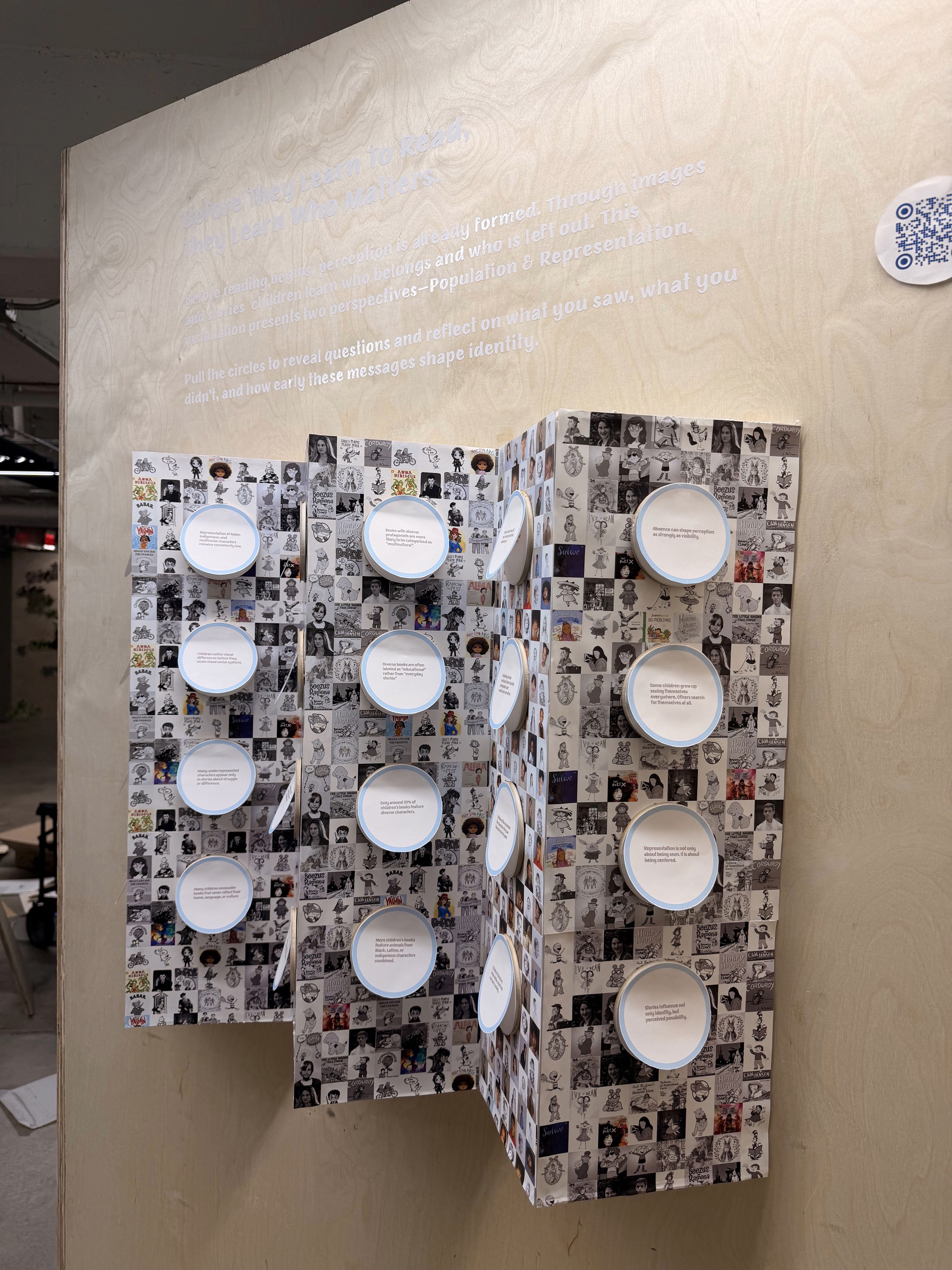 Panel covered in illustrated book characters with pull-circles carrying statistics