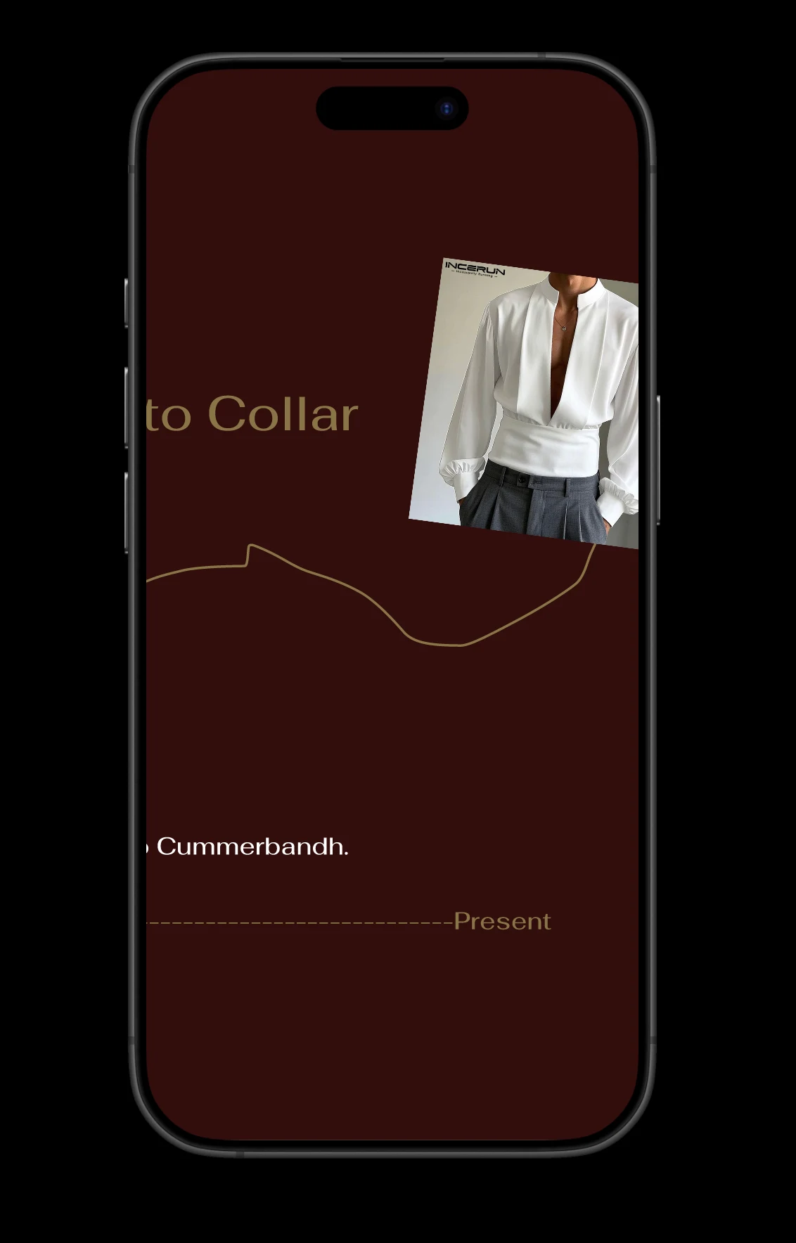 Phone screen showing the title to Collar, a modern white shirt with a cinched waistband, and a dashed timeline ending at Present