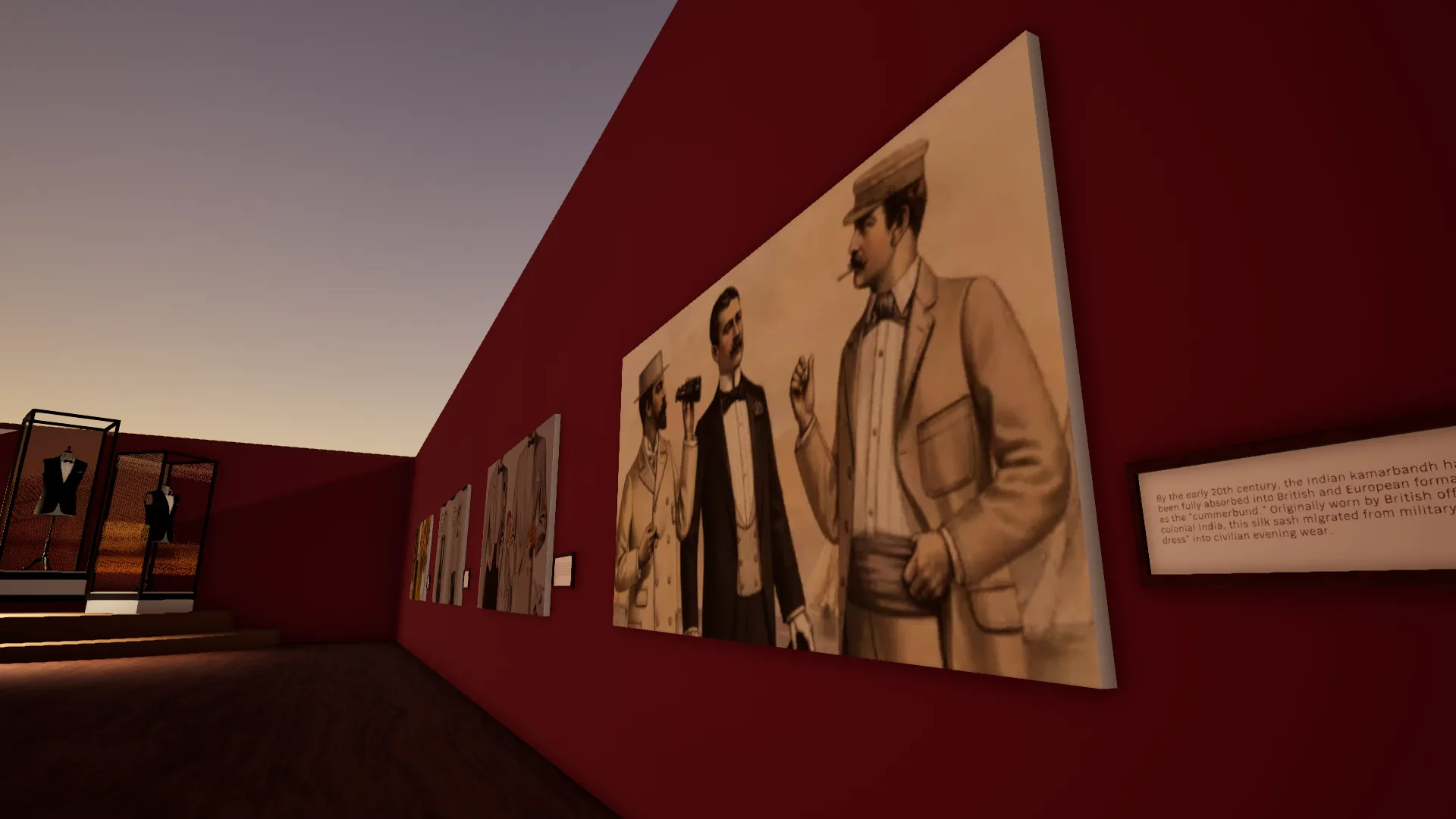 Large sepia illustration of three men in coats and bow ties on a maroon wall, with a label about the kamarbandh becoming the cummerbund