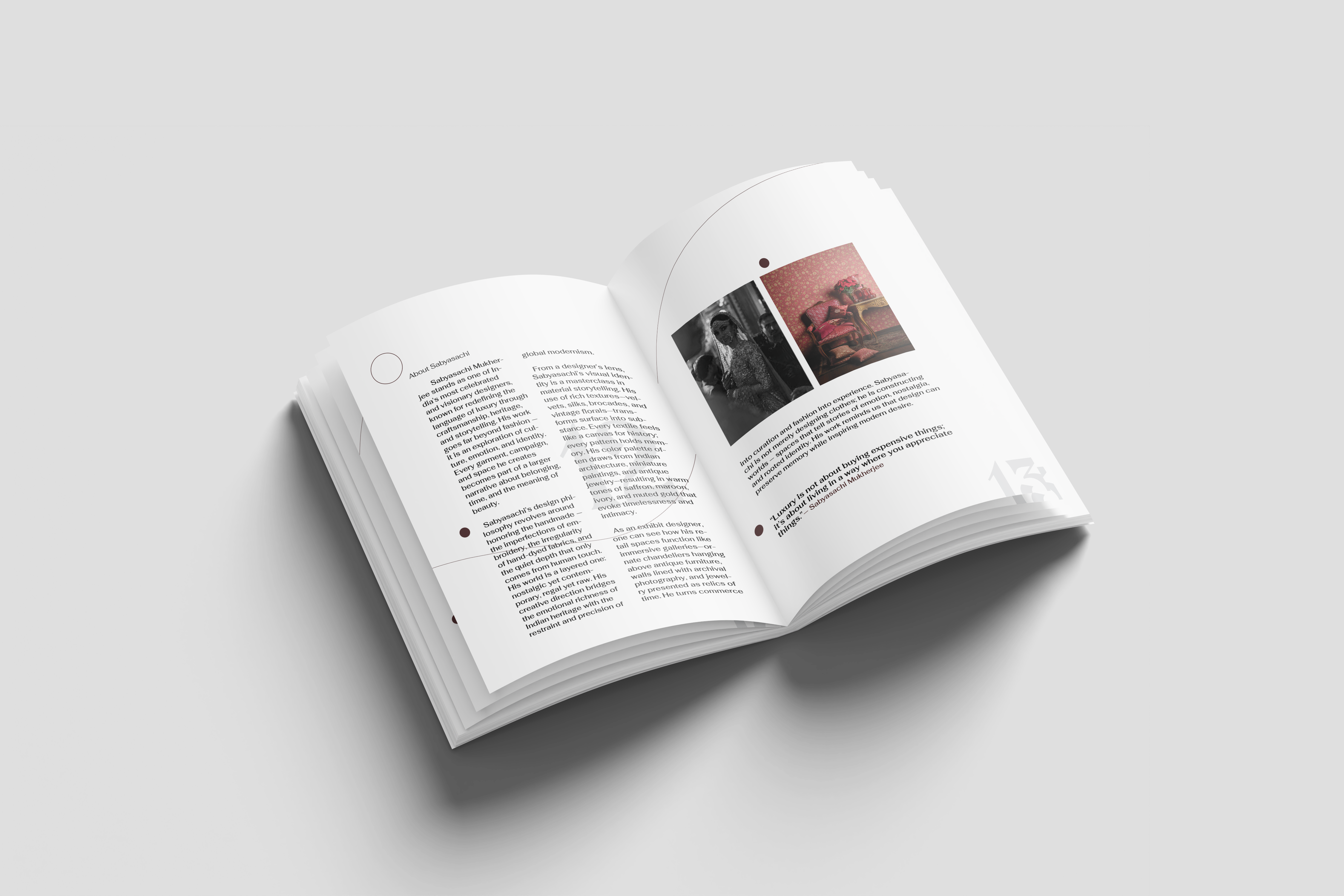 Open book spread titled About Sabyasachi with two text columns, two photographs and a pull quote