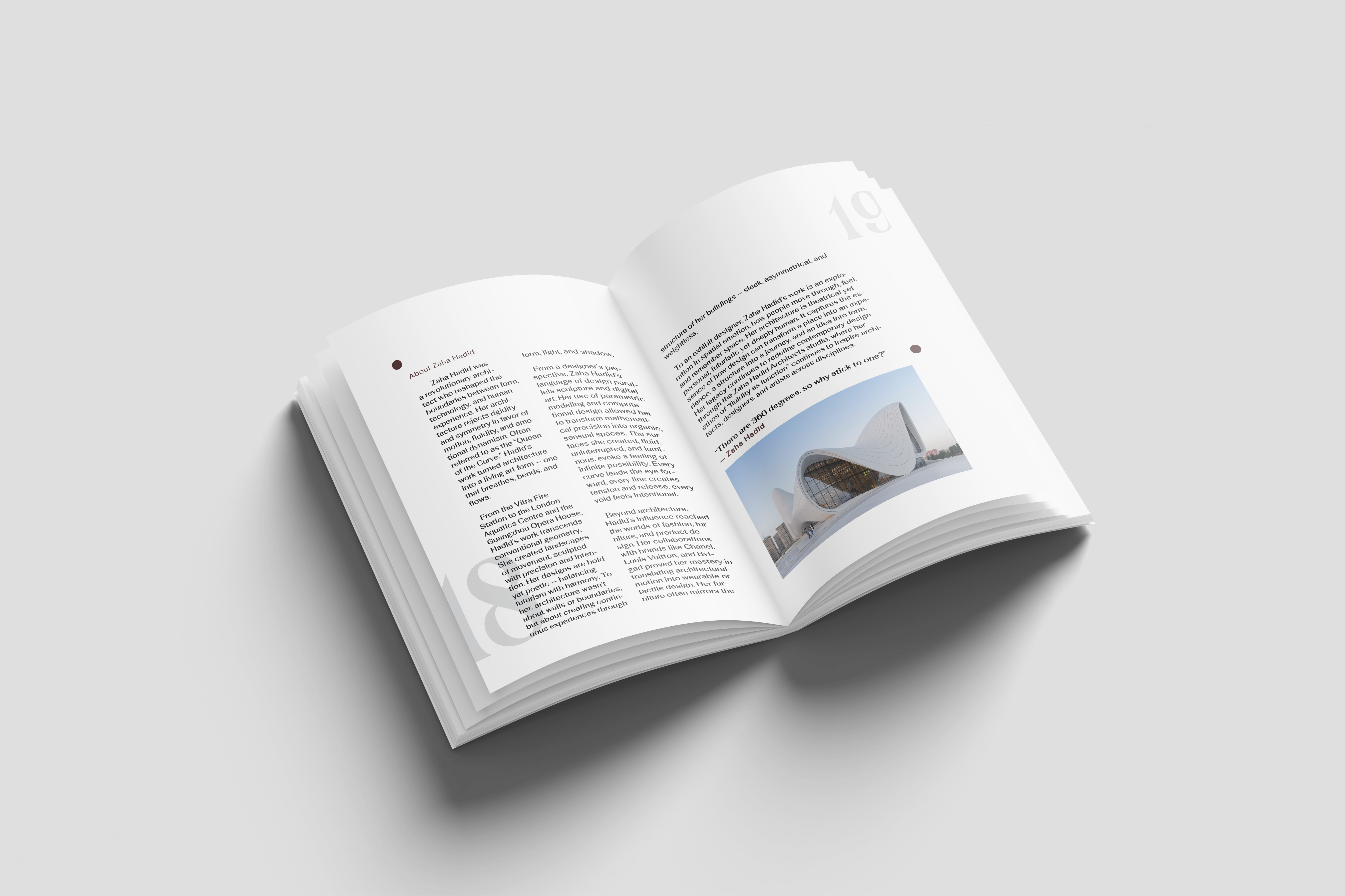 Open book spread titled About Zaha Hadid with two text columns, a pull quote and a photograph of the Heydar Aliyev Center