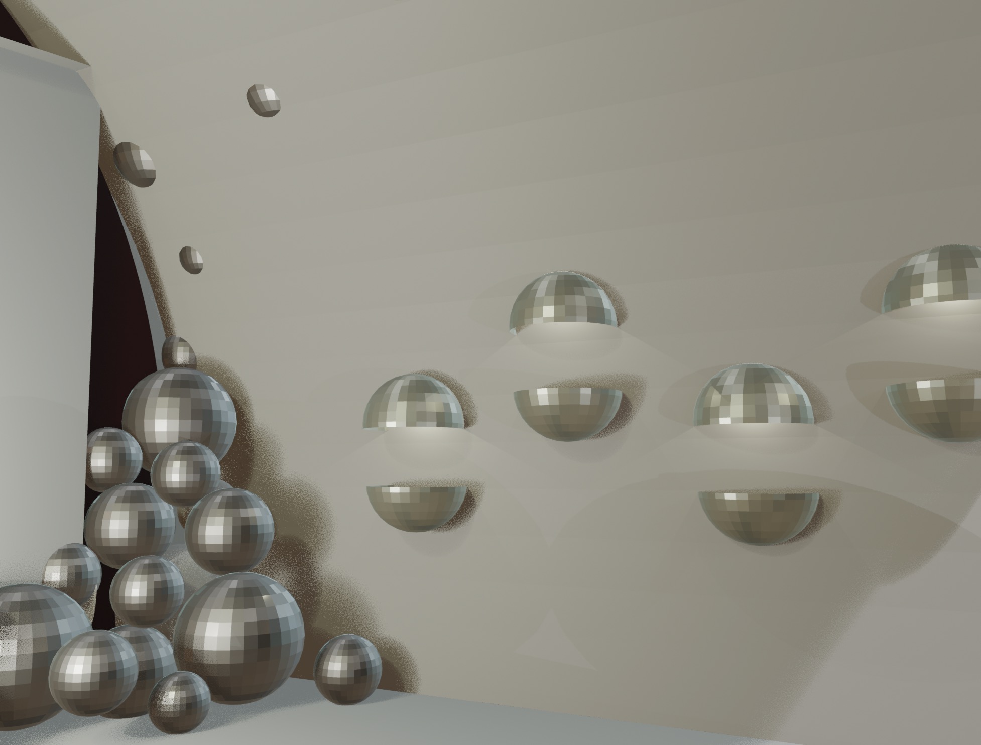 Mirrored disco-ball spheres cascading from an opening in the pavilion wall and half spheres mounted as wall lights